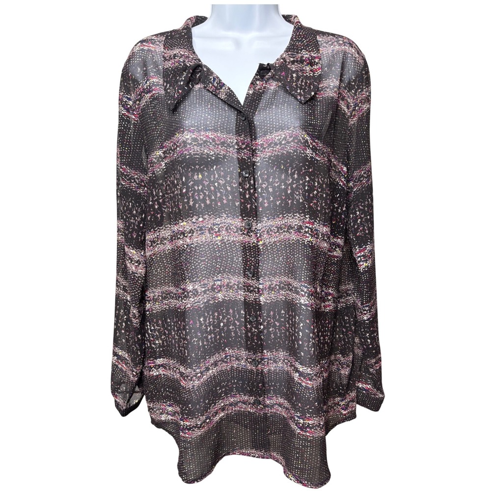 CABI Womens Black Multicolor Speck Sheer Button Up Blouse L Career Layering Chic